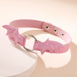 Pink gothic bat wings choker necklace with silver ring and adjustable metal snap buttons