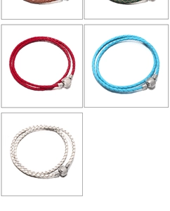 Detail of multi-color double-wrap braided leather bracelets with silver metal barrel clasps