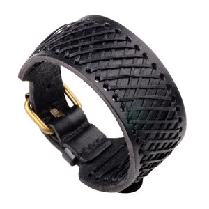 Minimalist black leather woven bracelet with adjustable brass buckle and grid detail