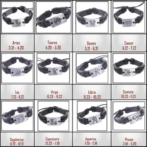Set di 12 bracciali zodiacali in pelle nera con ciondoli in metallo e misura regolabile