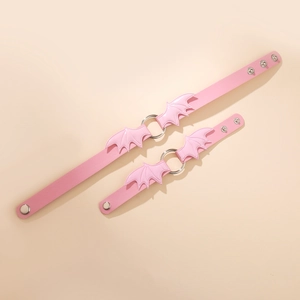 Pink leather gothic choker set with silver metal rings and bat wing design for women