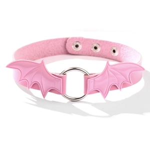 Pink gothic bat wing choker with silver ring and textured leather for women