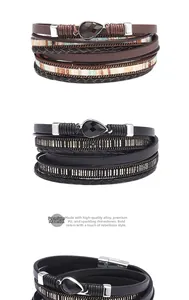 Bohemian multi-layer wrap bracelet featuring PU leather bands with alloy and pear rhinestones