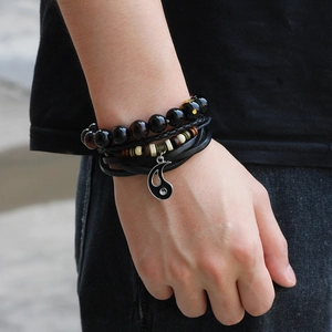 Classic vintage multilayer leather bracelet set with beads and yin yang charm for men