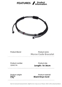 Detail view of Morse code bracelet showing 16-36cm adjustable length and hematite beads