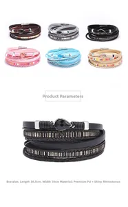 Detailed view of multilayer leather rhinestone bracelets with magnetic closure, 38.5cm length
