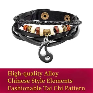 Bracelet rétro Tai Chi Yin Yang en cuir avec perles en bois et design tissé multicouche