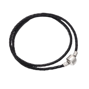 Double-wrap black woven leather bracelet with a cylindrical silver metal clasp closure