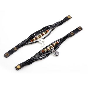 Classic vintage leather bracelets set with Tai Chi Yin Yang pendant and wooden beads