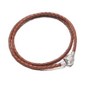 Double-wrap brown woven leather bracelet with silver metallic barrel clasp for charms