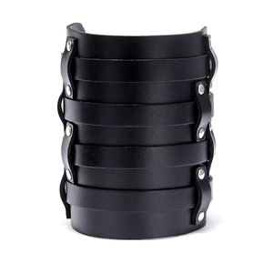 Gothic punk black multi-layer wide leather wristband with silver metal rivets