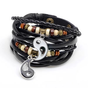 Retro multi-layer leather bracelet with Tai Chi Yin Yang pendant and wooden beads