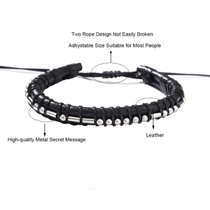 Adjustable black leather woven Morse Code bracelet with stainless steel beads and tubes