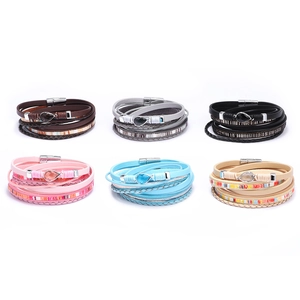 Multilayer leather wrap bracelet with teardrop gemstones and magnetic clasp in six colors