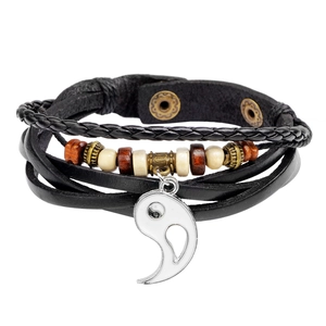 Bracelet multicouche en cuir rétro avec perles en bois et pendentif Yin Yang vintage