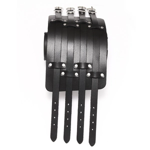 Punk style wide black leather wristband with four adjustable silver metal buckles