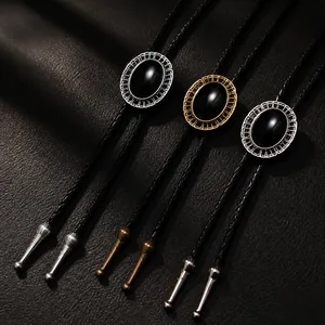 Retro-Bolo-Krawatten-Set mit schwarzen Edelsteinen und Vintage-Metallrahmen in drei Farben