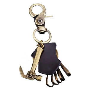 Vintage bronze skeleton hammer keychain with genuine leather and multi-hook ring