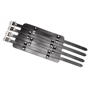 Punk style wide black leather wristband with four silver adjustable metal buckles