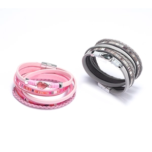 Multilayer bohemian faux leather wrap bracelets with magnetic clasp and teardrop gemstone