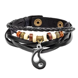 Retro Cowhide Leather Tai Chi Yin Yang Bracelet Handmade Woven Cord Wood Bead Punk Ethnic Bracelet For Men Women Unisex Jewelry