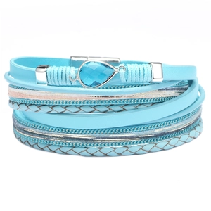 Teal layered PU leather wrap bracelet with teardrop crystal and magnetic clasp