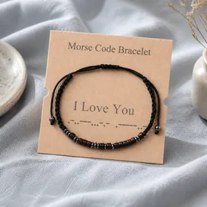 Handmade Morse Code Woven Bracelet For Men Women Hematite Wood Beads Adjustable Cord Couples Gift Fashion Jewelry Bracelet
