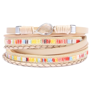 Bracelet multicouche en cuir bohème avec cristal goutte et fermoir magnétique