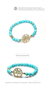 Détail du bracelet en perles turquoise 6mm avec breloque Arbre de Vie en zircon plaqué or