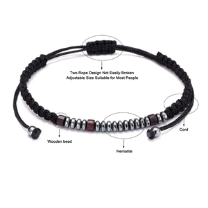 Adjustable Morse code bracelet with black hematite and wooden beads on double woven rope