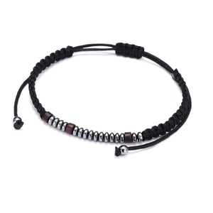 Handmade Morse code bracelet with black cord, silver metallic beads and red wood accents