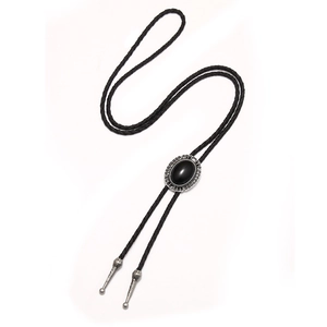 Western-Bolo-Tie mit schwarzem Edelstein und Vintage-Silberbesatz am Lederband