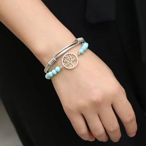 Bracelet en Perles de Turquoise Avec Pendentif Arbre de Vie Zirconia Incrusté Bracelet Tissé Bohème pour Femme