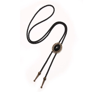 Vintage Bolo Tie mit schwarzer Lederschnur und ovalem Edelsteinanhänger im antiken Rahmen