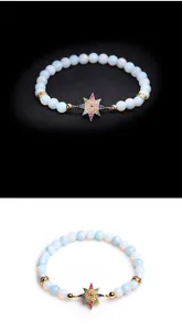 Détail du bracelet étoile avec perles d'opale bleue et zircons colorés sertis