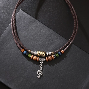 Retro Music Note Pendant Beaded Necklace Double Layer Braided PU Cord Ethnic Wood Beads Fashion Jewelry For Men