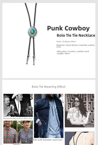 Close-up of vintage metal petal bolo tie with turquoise pendant and braided leather cord