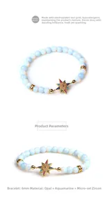 Détail macro du bracelet en opale et aigue-marine avec breloque étoile dorée