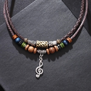 Retro double-layer braided leather necklace with wooden beads and treble clef pendant