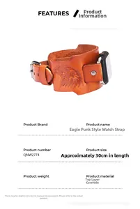 Detail view of brown vintage leather watch strap with eagle embossing and punk style rivets