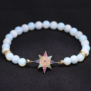 Bracelet de Perles avec Charme Étoile en Alliage Bohème Plaqué Or Zirconia Coloré Incrusté Opale Octagramme Bijoux Femme