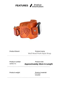 Detailansicht von Punk Wolfskopf Prägung Echtlederarmband mit Metallschnalle und Nieten