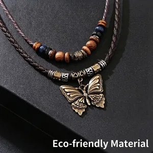 Collier Pendentif Papillon Double Couche Vintage Alliage Bronze Perles en Bois Cordon Tressé Bijoux Ethniques Bohèmes