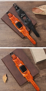Detail of vintage leather watch band featuring eagle emboss and wide wrist cuff style