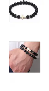 Detail of matte obsidian beads and cross charms on vintage braided couple bracelets