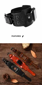 Macro view of wide leather watch straps with Norse Runes engraving for Apple Watch