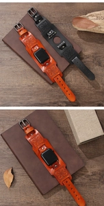Detail of vintage punk leather watch band with engraved compass totem for Apple Watch