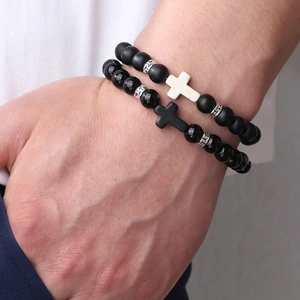 Vintage Natural Stone Cross Beaded Bracelet Set For Couples Matte Distressed Antique Hand-Woven Jewelry Bracelets