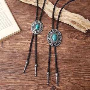 Vintage Western Cowboy Bolo Tie For Men Women Alloy Flower Turquoise Style Pendant PU Leather Braided Cord Adjustable Personality Necklace