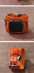 Details zum Vintage-Lederarmband in Braun mit Wolf-Totem für die Apple Watch
